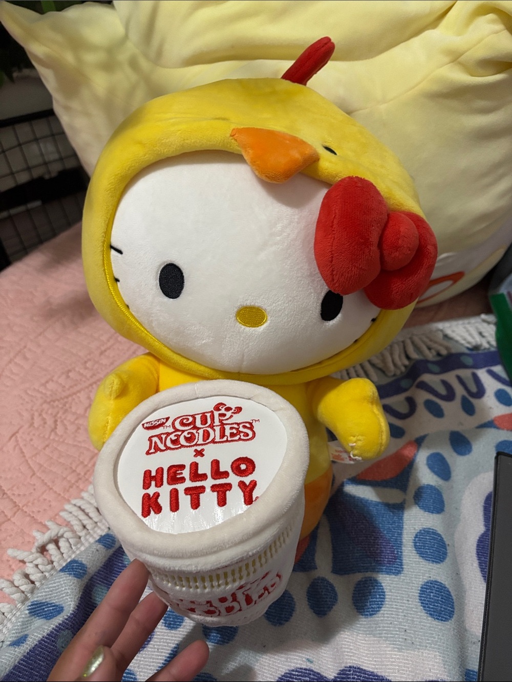 Hello Kitty Plush in Yellow Chick Costume with Red Bow and Cup Noodles Accessory
